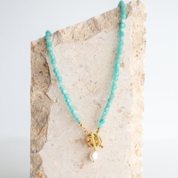 Amazonite Gemstone Necklace Gold Toggle Clasp Removable Baroque Pearl Genuine - Picture 2 of 11